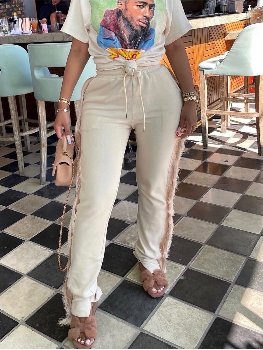 Minaa Monroe Cream Fringe Jogger Pants NWT Size M